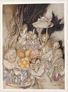 ACTE III: Scène III, ligne 19 Entrée de plusieurs formes étranges, apportant un banquet... invitant le roi, etc., à manger - Arthur Rackham