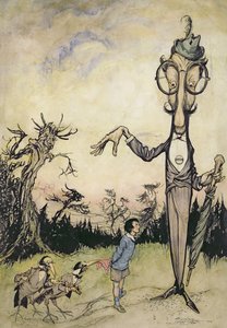 Un géant avec un enfant et deux corbeaux, illustration du Livre de Betty Barber par Maggie Brown, pub.1910