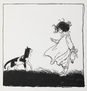 Une fille avec une poupée gronde son chat - Arthur Rackham