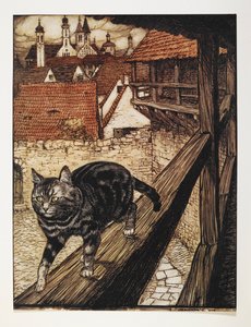 Un chat tigré marchant le long de la rambarde en bois d