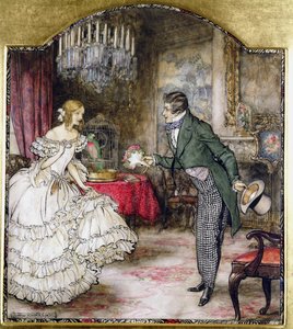 Un jeune homme offrant un bouquet à une fille debout dans un salon - Arthur Rackham