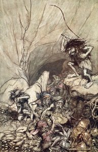 Alberich conduit une bande de Nibelungen avec des trésors d