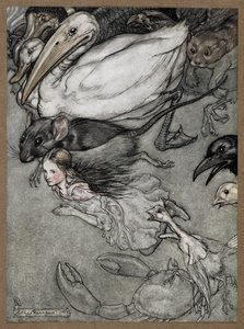 Alice et divers animaux nageant, y compris un rat, un canard, un dodo, une corneille, une belette, un crabe et un poussin.