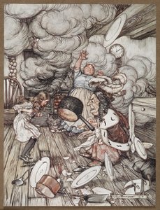 Alice dans une cuisine avec la Duchesse, un cuisinier et le Chat du Cheshire - Arthur Rackham