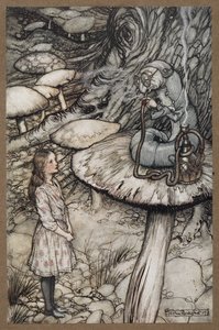Alice parlant à la Chenille assise sur un champignon fumant une pipe - Arthur Rackham