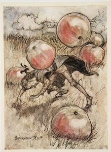 Des pommes sont tombées autour de mes oreilles, de Les Voyages de Gulliver par Jonathon Swift (1667 - 1745), pub. 1909 - Arthur Rackham