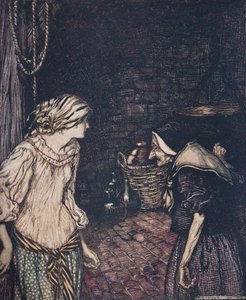 Enfin, elle atteignit la cave, et là elle trouva une vieille, vieille femme avec une tête tremblante.., des Contes de Fées des Frères Grimm - Arthur Rackham