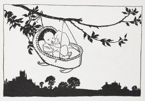 Bébé dans un berceau suspendu à une branche - Arthur Rackham