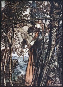 Brünnhilde mène son cheval par la bride. Illustration pour L