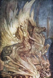 Brünnhilde sur Grane saute sur le bûcher funéraire de Siegfried. Illustration pour Siegfried et Le Crépuscule des Dieux - Arthur Rackham