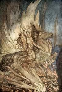 Brunnhilde sur Grane saute sur le bûcher funéraire de Siegfried