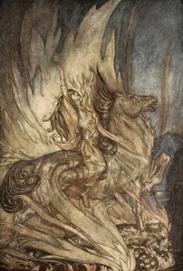 Brunnhilde sur Grane saute sur le bûcher funéraire de Siegfried, illustration de 