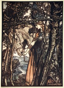 Brunnhilde conduit lentement et silencieusement son cheval sur le chemin de la grotte, 1910 - Arthur Rackham