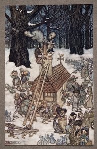 Construire la maison pour Maimie, de Peter Pan dans les jardins de Kensington par J M Barrie, pub. 1906 - Arthur Rackham