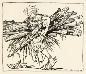 Carl construisant un abri pour la nuit de Le Carl du manteau drap dans Contes de fées irlandais - Arthur Rackham