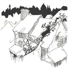 Père Noël dans son traîneau volant au-dessus des toits enneigés