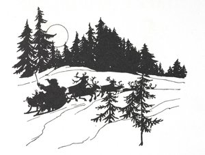 Père Noël voyageant à travers un bois enneigé sur son traîneau