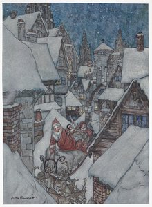 Père Noël voyageant dans les rues enneigées sur son traîneau - Arthur Rackham