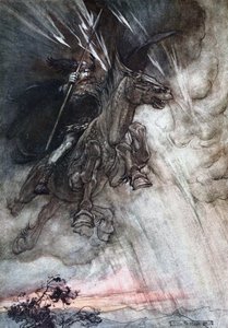 Furieusement Wotan chevauche vers le rocher. Illustration pour L