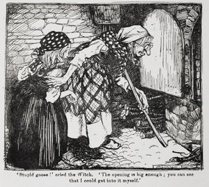 Gretel et la vieille sorcière près du four tirée de Hansel et Gretel - Arthur Rackham