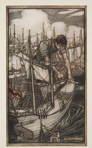 Gulliver saisit la flotte ennemie, de Les Voyages de Gulliver par Jonathon Swift (1667 - 1745), pub. 1909 - Arthur Rackham