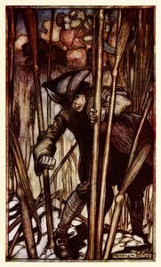 Gulliver est frappé de peur à la première vue des moissonneurs brobdingnagiens de la Partie II : Un voyage à Brobdingnag dans Les Voyages de Gulliver par Jonathan Swift - Arthur Rackham