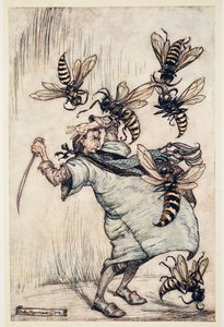 Le combat de Gulliver avec les guêpes, des Voyages de Gulliver par Jonathan Swift (1667 - 1745), pub. 1909 - Arthur Rackham