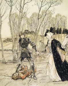 Comment Beaumains a vaincu le Chevalier Rouge, et toujours la demoiselle lui adressait de vilains mots - Arthur Rackham
