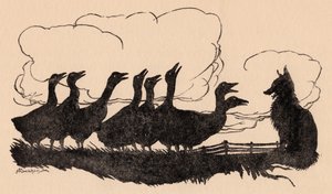 Illustration par Arthur Rackham du conte de Grimm, Le Renard et les Oies - Arthur Rackham