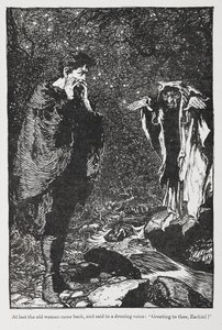 Illustration de Jorinda et Joringel de Zachiel et la vieille femme.