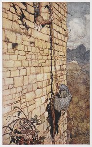 Illustration de la sorcière grimpant aux cheveux de Raiponce - Arthur Rackham