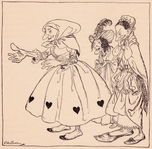 Les trois femmes sont entrées habillées de la manière la plus étrange. Illustration de Arthur Rackham du conte de fées de Grimm, Les Trois Fileuses.