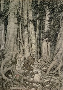 Dans la Forêt avec un Tonneau de Rip Van Winkle écrit par Washington Irving (1783-1859), 1905 - Arthur Rackham