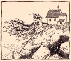 Il ne fallut pas longtemps avant que le dragon à sept têtes arrive, rugissant bruyamment. Illustration par Arthur Rackham du Conte de Grimm, Les Deux Frères.