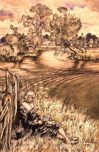 Izaak Walton allongé contre une clôture, une série d
