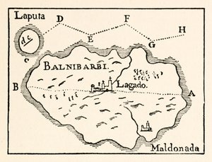 Carte de Laputa (île volante en haut à droite) et Balnibarbii (port principal Maldonada) de la Partie III : Un voyage à Laputa, Balnibarbi, Luggnagg, Glubbdubdrib et Japon dans les Voyages de Gulliver par Jonathan Swift