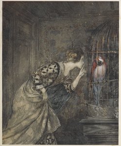 May Colvin et un perroquet dans une cage - Arthur Rackham