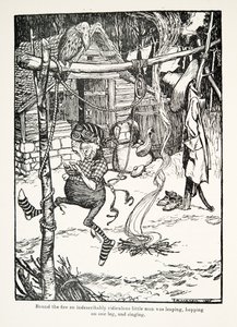 Autour du feu, un petit homme indescriptiblement ridicule sautait sur une jambe et chantait, des Contes de fées des frères Grimm, pub. 1909