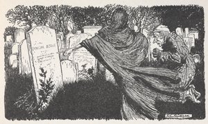 Scrooge et un fantôme dans un cimetière la nuit - Arthur Rackham