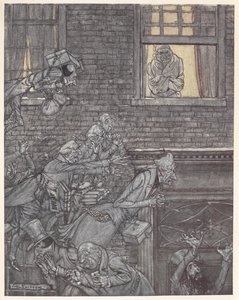 Scrooge à sa fenêtre regardant les fantômes dans la rue en dessous - Arthur Rackham