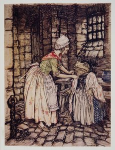 Elle arrangea le châle avec un pli professionnel et noua les ficelles du bonnet rouillé sous son menton, de Wind in the Willows par Kenneth Grahame (1859 - 1932), pub. 1940 - Arthur Rackham