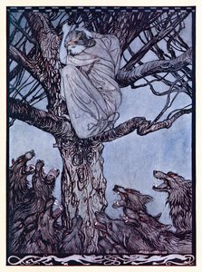 Elle regardait avec une colère triste la horde qui se débattait et grognait en dessous de La Cour de Becfola dans Contes de fées irlandais - Arthur Rackham
