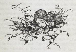 Alice rétrécie après avoir mangé un morceau du champignon de la Chenille - Arthur Rackham