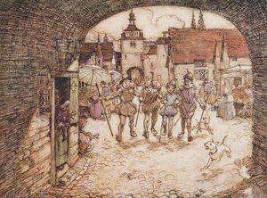 Alors les quatre frères prirent leurs bâtons en main, dirent au revoir à leur père et quittèrent la porte de la ville, des Contes de fées des frères Grimm, pub. 1909 - Arthur Rackham