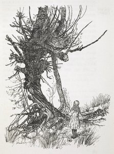 Le Chat du Cheshire dans un arbre regardant Alice - Arthur Rackham