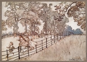 La bosse qui est la partie de la grande allée où se déroulent toutes les grandes courses, de Peter Pan dans les jardins de Kensington par J M Barrie, pub. 1906 - Arthur Rackham