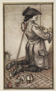 Les tailleurs lilliputiens mesurent Gulliver pour un nouveau costume, de Les Voyages de Gulliver par Jonathon Swift (1667 - 1745), pub. 1909 - Arthur Rackham