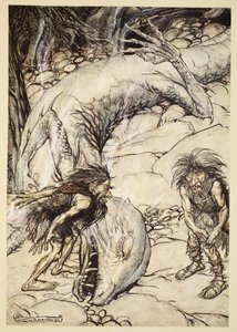Les nains se querellant sur le corps de Fafner, illustration de 