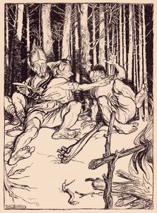 Le géant donna une gifle à celui qui était assis à côté de lui. Illustration par Arthur Rackham du Conte de Grimm, Le Chasseur Habile. - Arthur Rackham