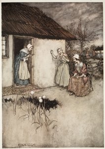 Les bonnes épouses du village ne manquaient jamais, dans leurs commérages du soir, de rejeter toute la faute sur Dame Van Winkle, de Rip Van Winkle par Washington Irving, pub. 1910